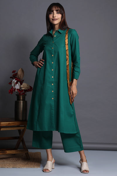 long shirt dress with front buttons - deep emerald & verdant charm