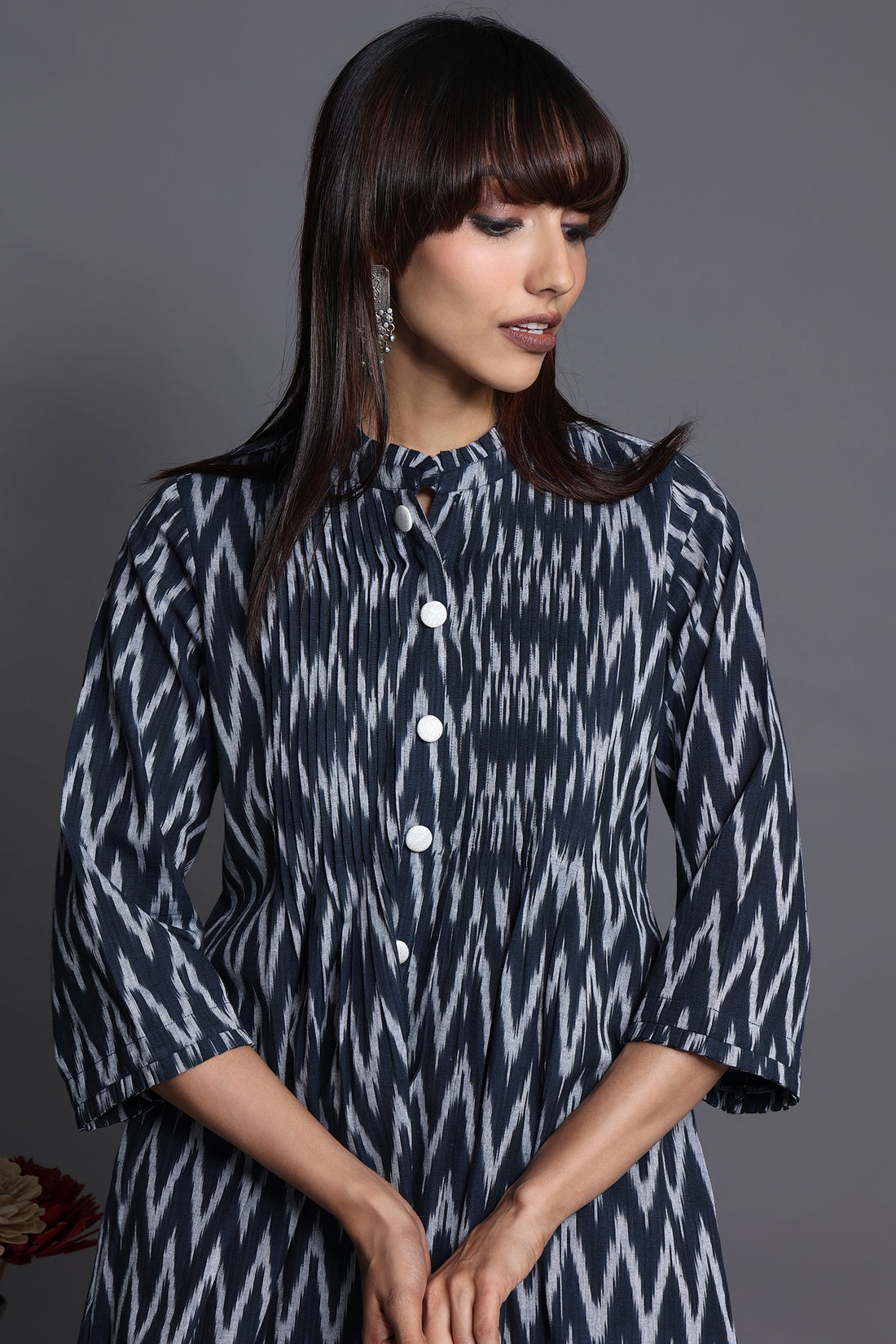 Luxe Indigo Twilight & Golden Aura Pleated Neck Modal Silk Pintuck Dress