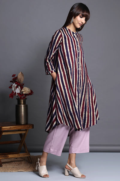 Asymmetric apple cut round knee length hemline button down kurta  with pockets purple blue stripes in batik satin fabric