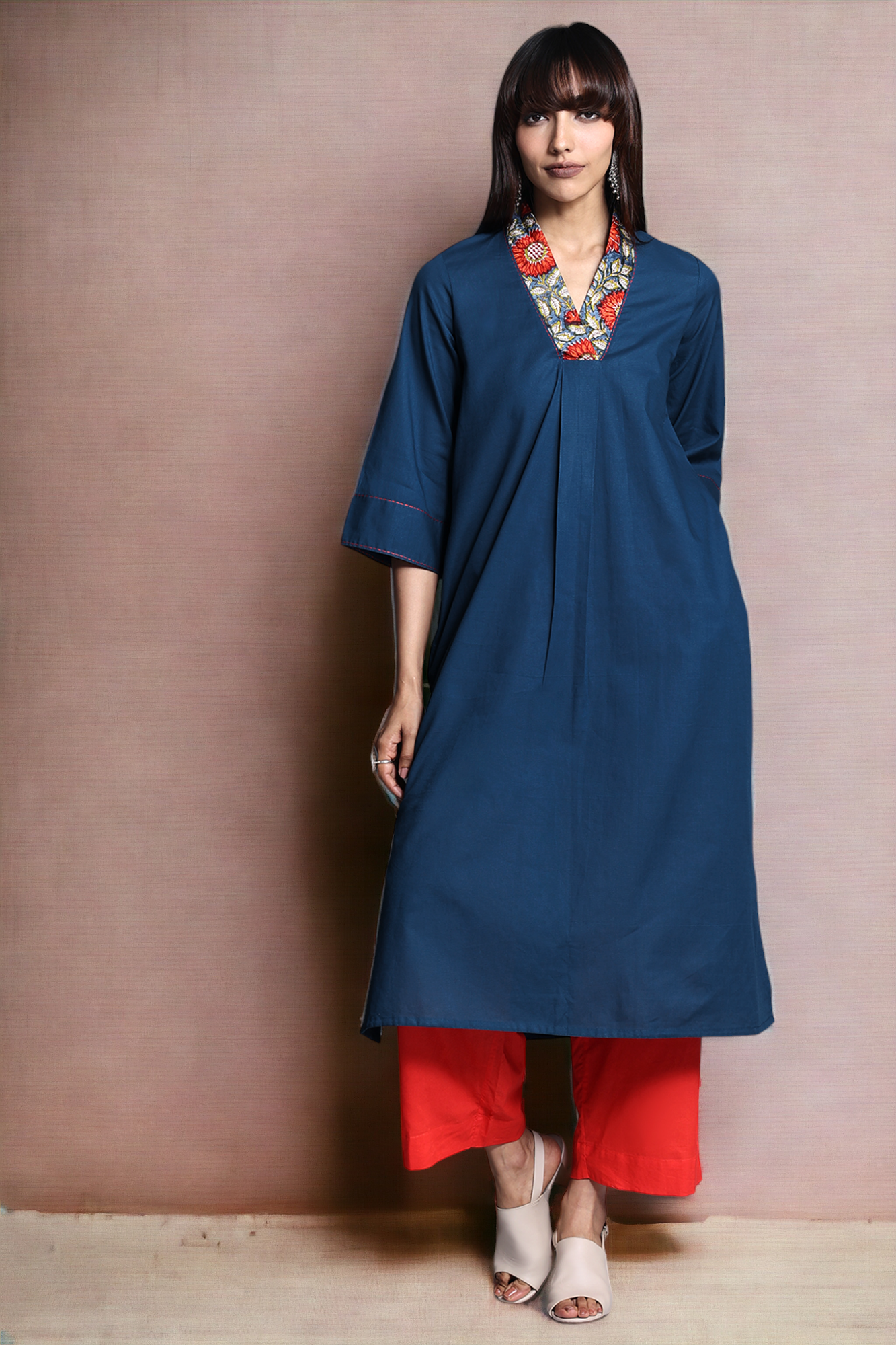 v-neck kurta with side slit indigo nightfall orange nasturtium