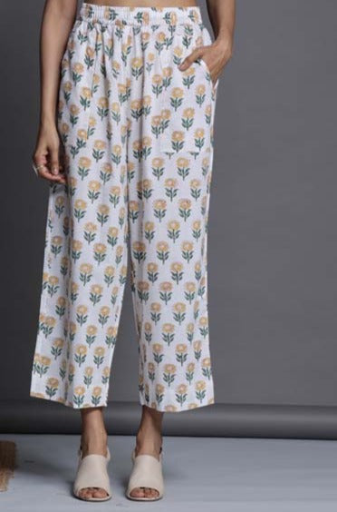 comfort fit cotton printed pants - white yellow sunflower buttis