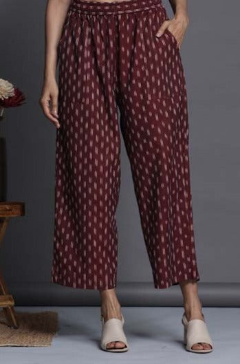 comfort fit cotton printed pants - maroon ikat
