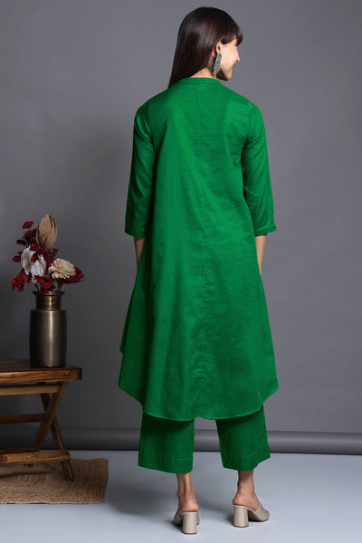 Asymmetric apple cut round knee length hemline button down kurta with pockets green with self checks cotton