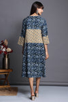 Kimono kaftan style dress with wide sleeves and tie up in Indigo hand block printed with yellow hand block print panel
