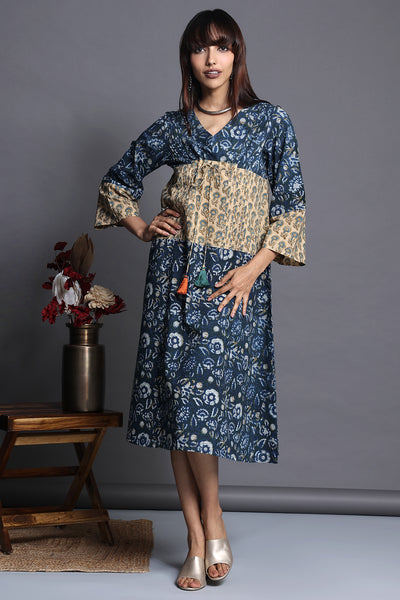 Kimono kaftan style dress with wide sleeves and tie up in Indigo hand block printed with yellow hand block print panel