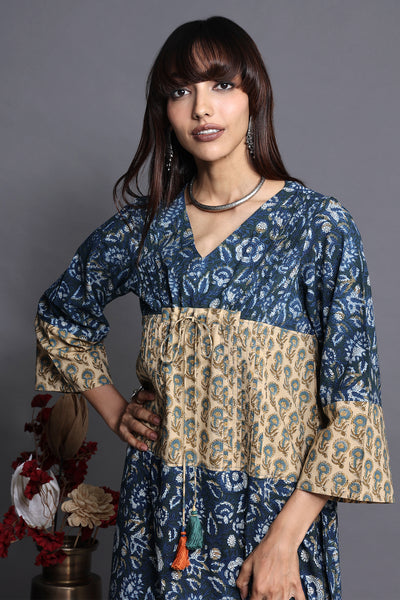 Kimono kaftan style pintuck dress with wide sleeves and tie up in Indigo hand block printed with yellow hand block print panel
