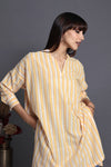 Handloom canary yellow white stripes easy knee length kurta with pockets and shirt sleeve with cuff