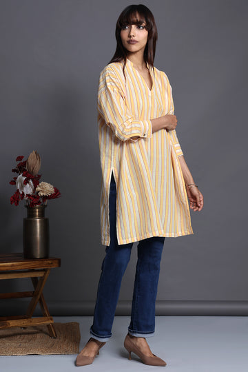 Handloom canary yellow white stripes easy knee length kurta with pockets and shirt sleeve with cuff