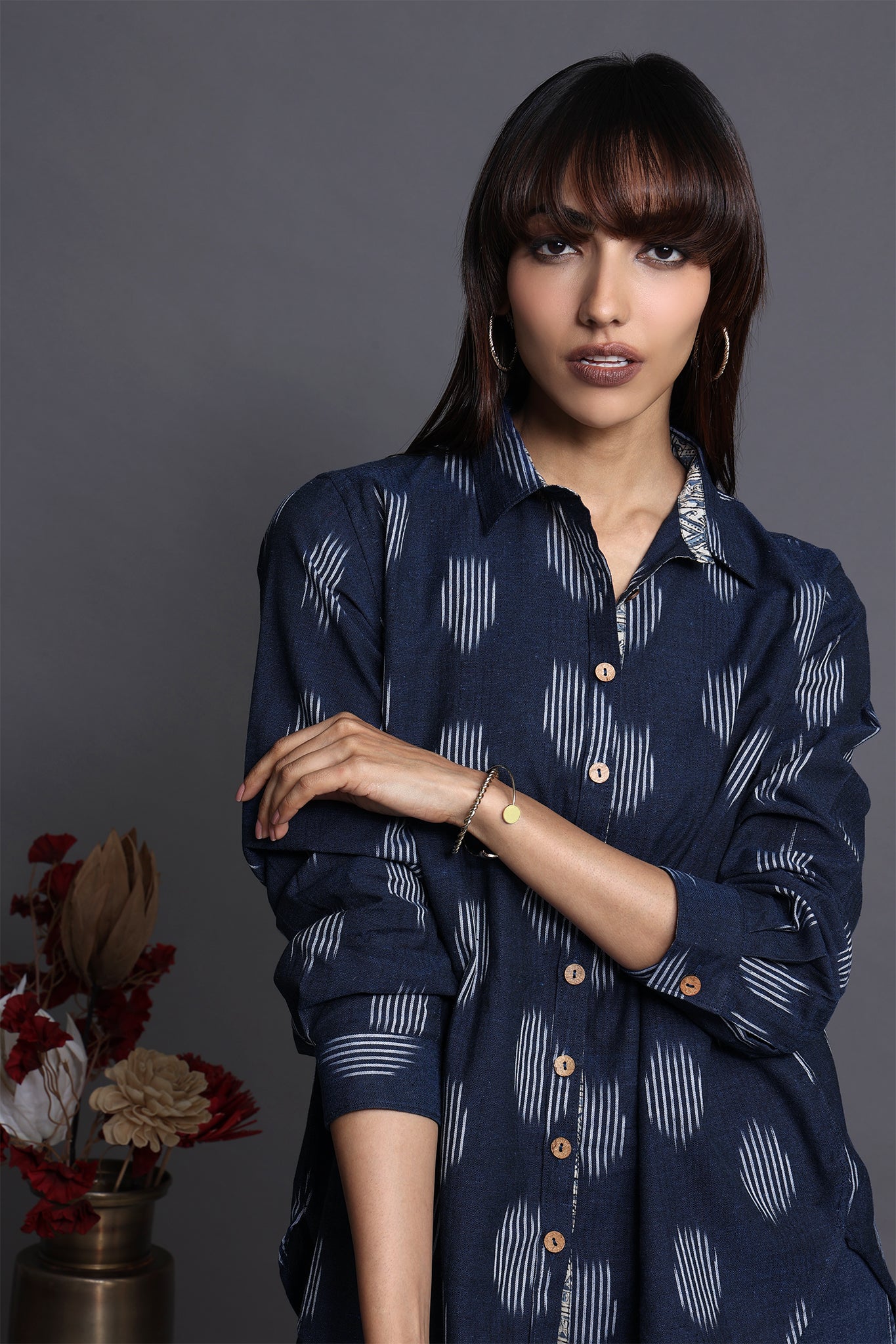 Deep blue with white motifs ikat fabric shirt with buttons and collar and full sleeves
