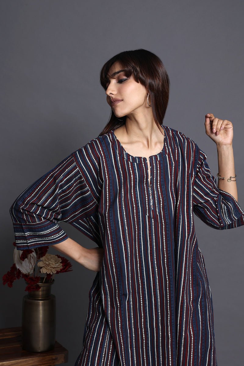 Indigo red hand block striped relaxed fit knee length tunic with collar and shirr cuff