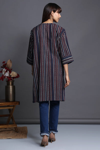 Indigo red white hand block striped relaxed fit knee length tunic with collar and shirr cuff