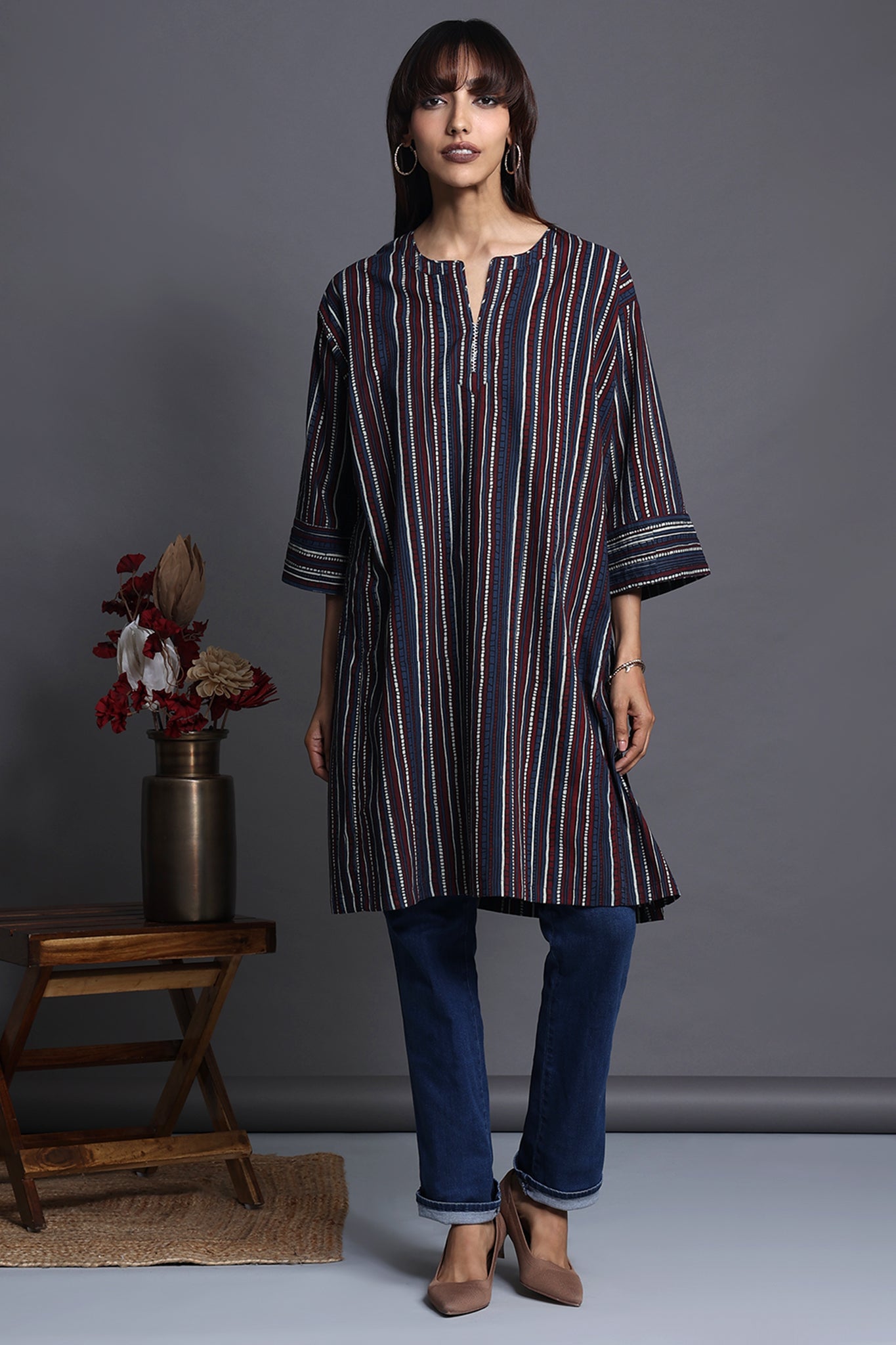 Indigo red hand block striped relaxed fit knee length tunic with collar and shirr cuff