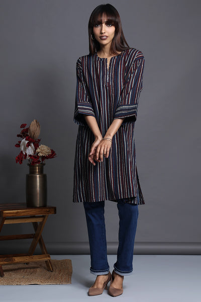 Indigo red white hand block striped relaxed fit knee length tunic with collar and shirr cuff