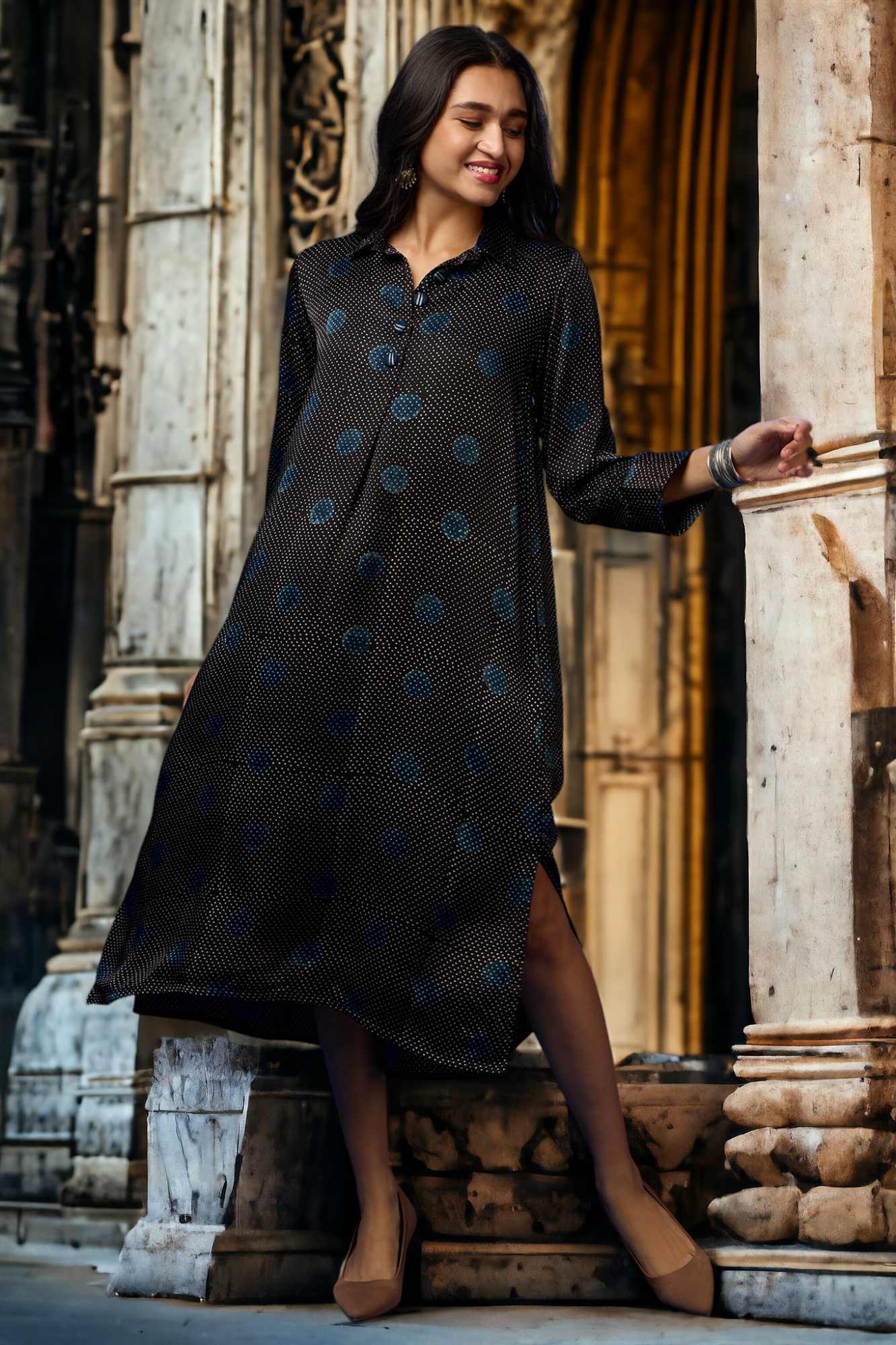 modal silk long shirt dress - midnight cascade & polka dots