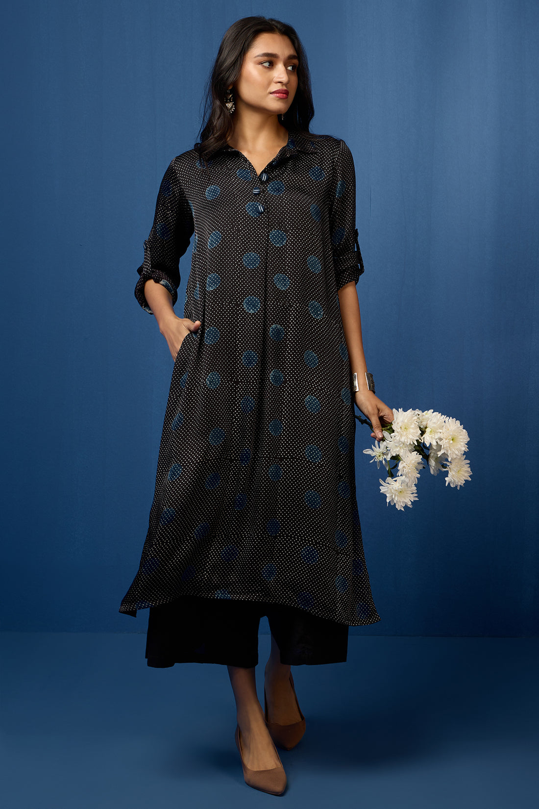 modal silk long shirt dress - midnight cascade & polka dots