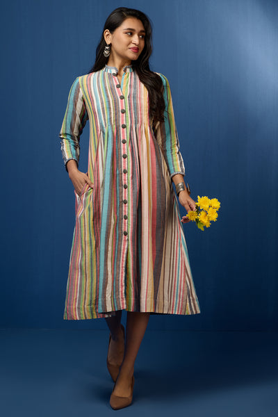 pleated pintuck collar dress - pastel rainbow & play of stripes