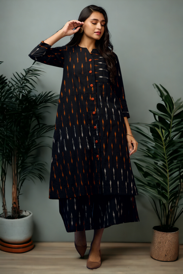 button down tunic kurta with hand stitched details - Rustic Noir & Ebony Elegance