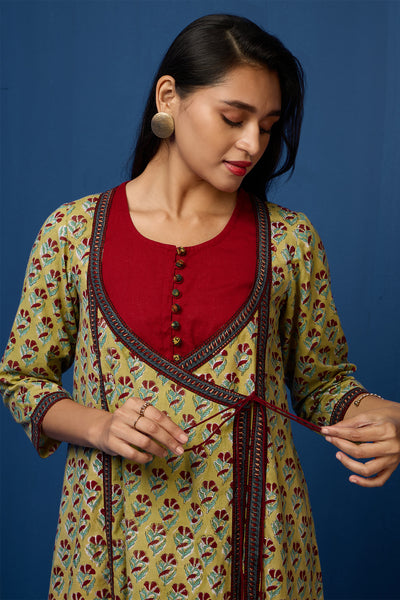 mughal dori angrakha with sleeveless dress - Mint Garden & Ruby Bouquet