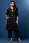 v-neck kurta with side panels and pockets - inky midnight & floral radiance