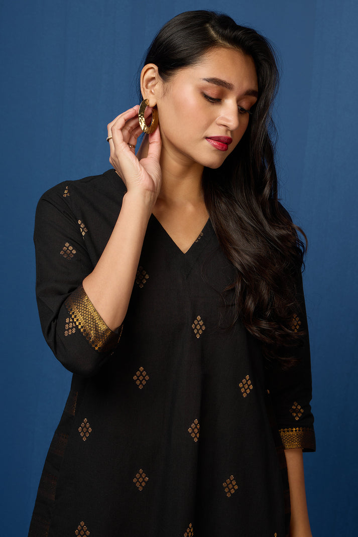 v-neck kurta with side panels and pockets - inky midnight & floral radiance