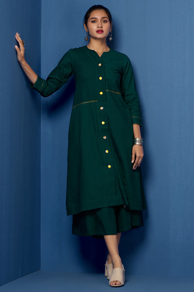 button down tunic kurta with hand stitched details - Evergreen Opulence & Lush Charm