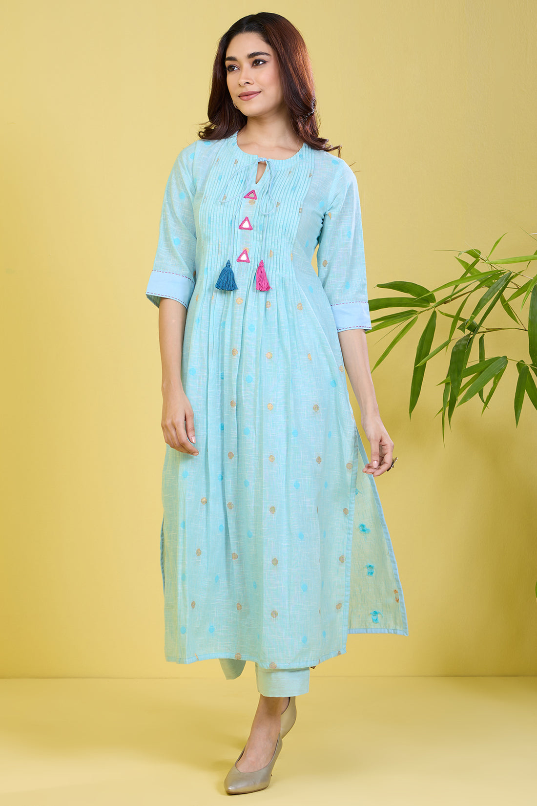 co-ord set pintuck blue long kurta with slit icy mirage