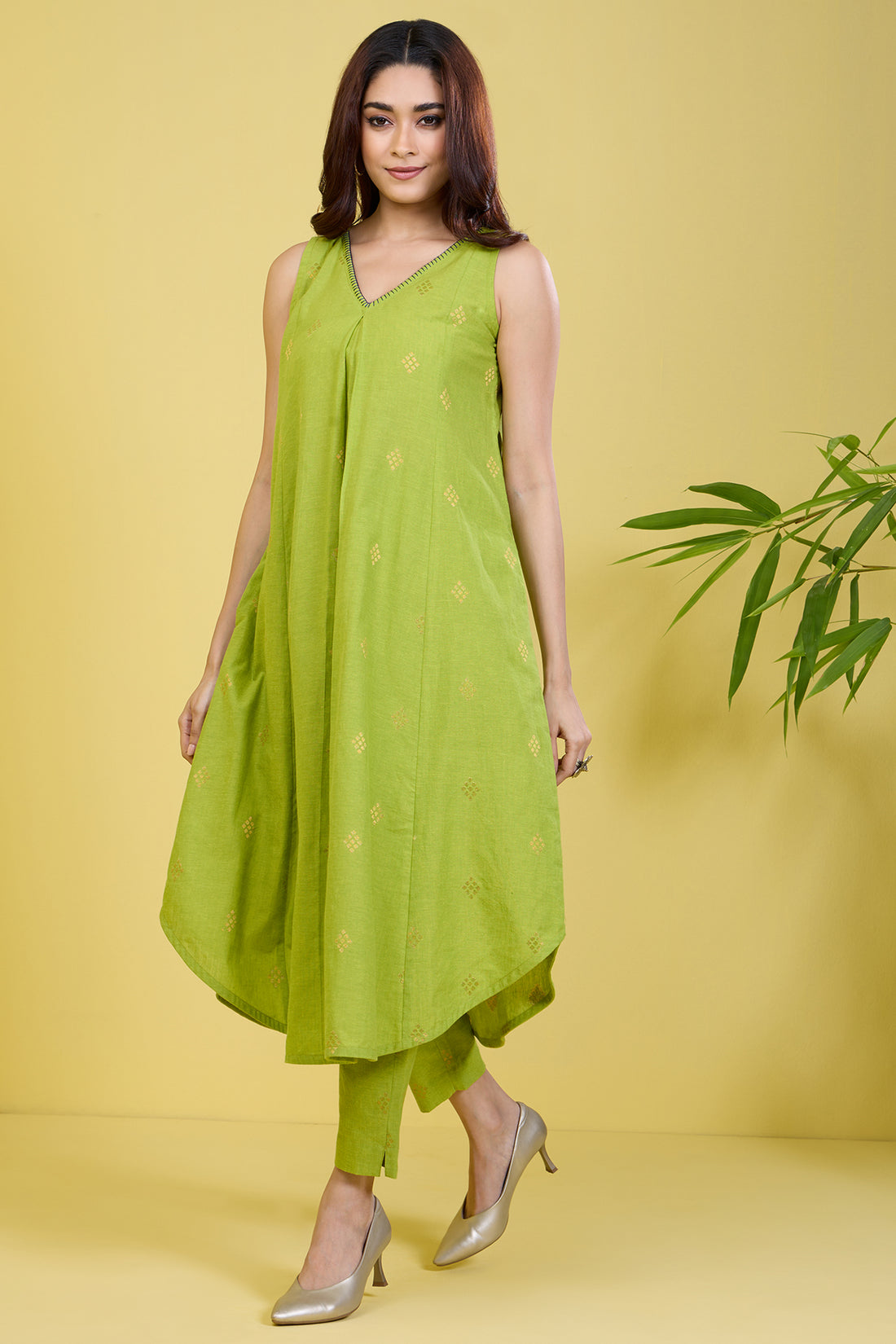 sleeveless lime green co-ord set with box pleat gilded citrus