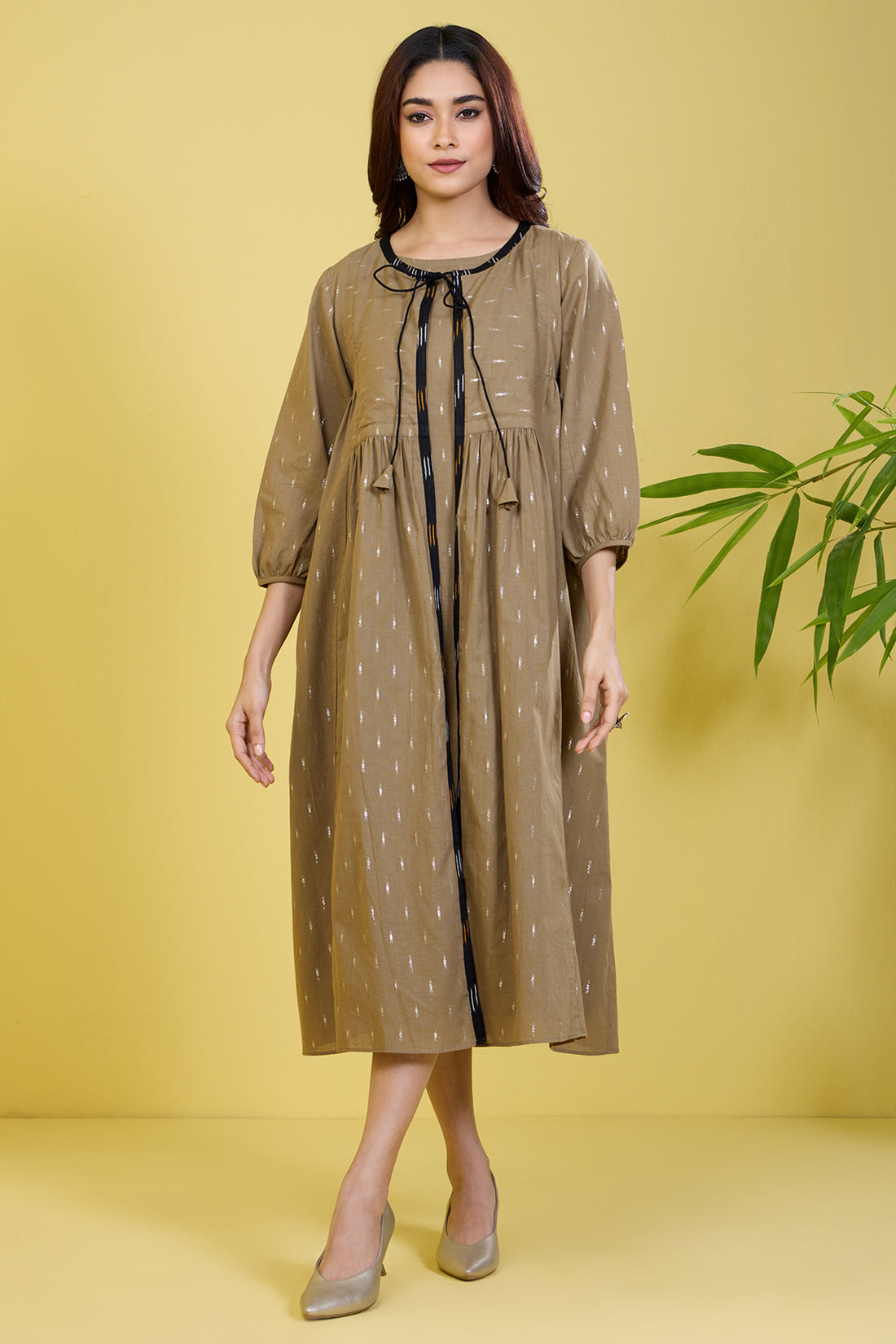 co-ord set gather yoke jacket with dress sandstone silver