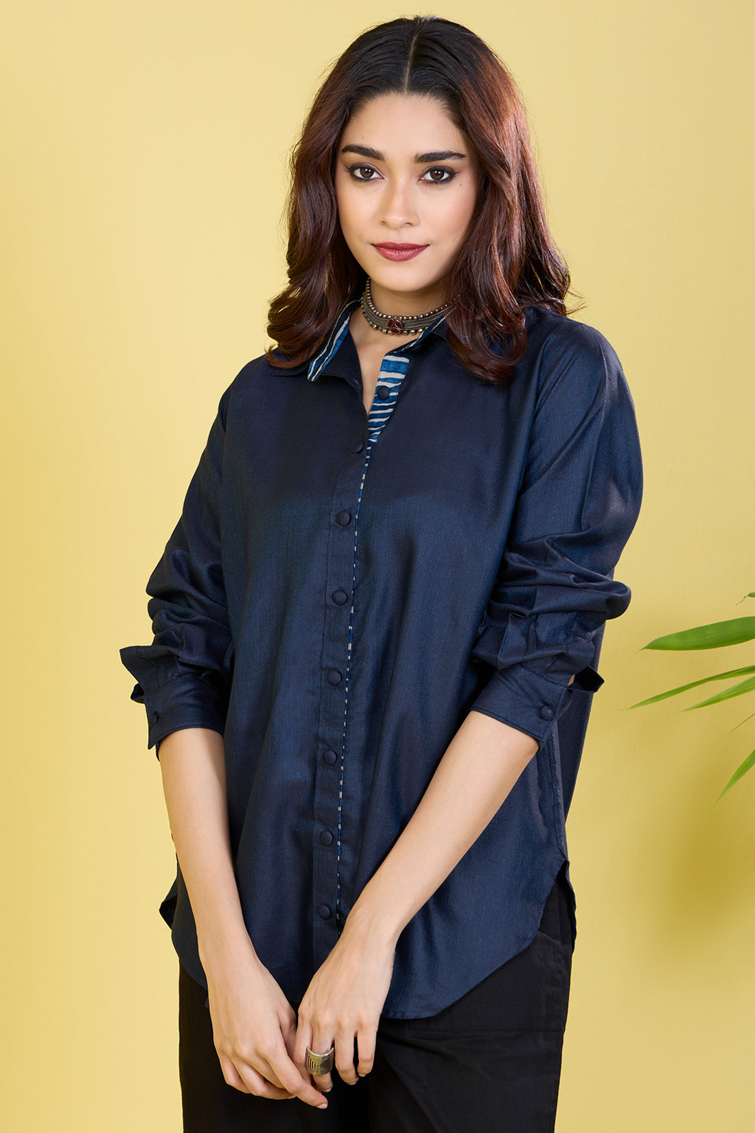 button down blue viscose silk shirt indigo hymns