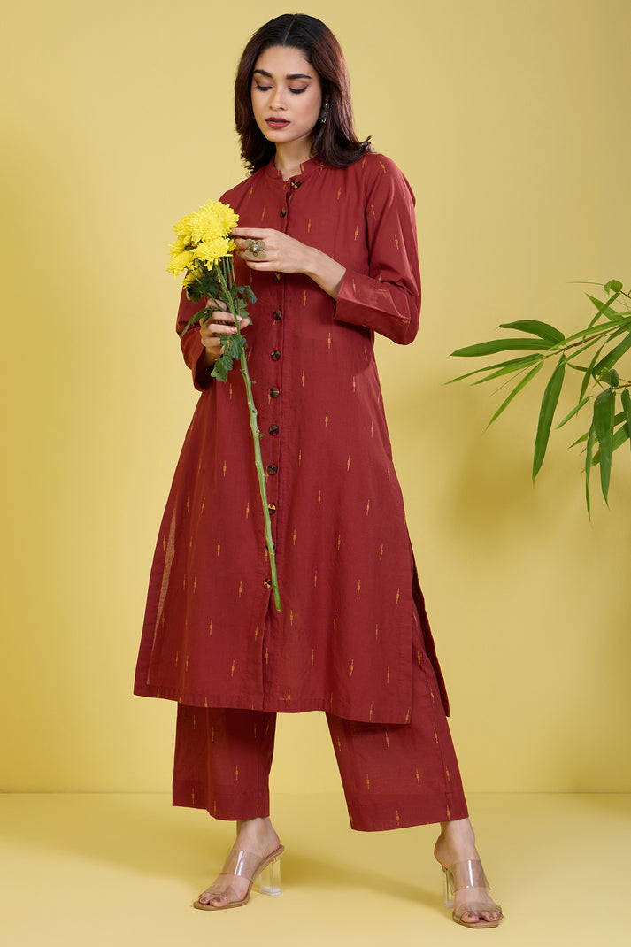 RUST kurta set with leaf embroidery main image 1