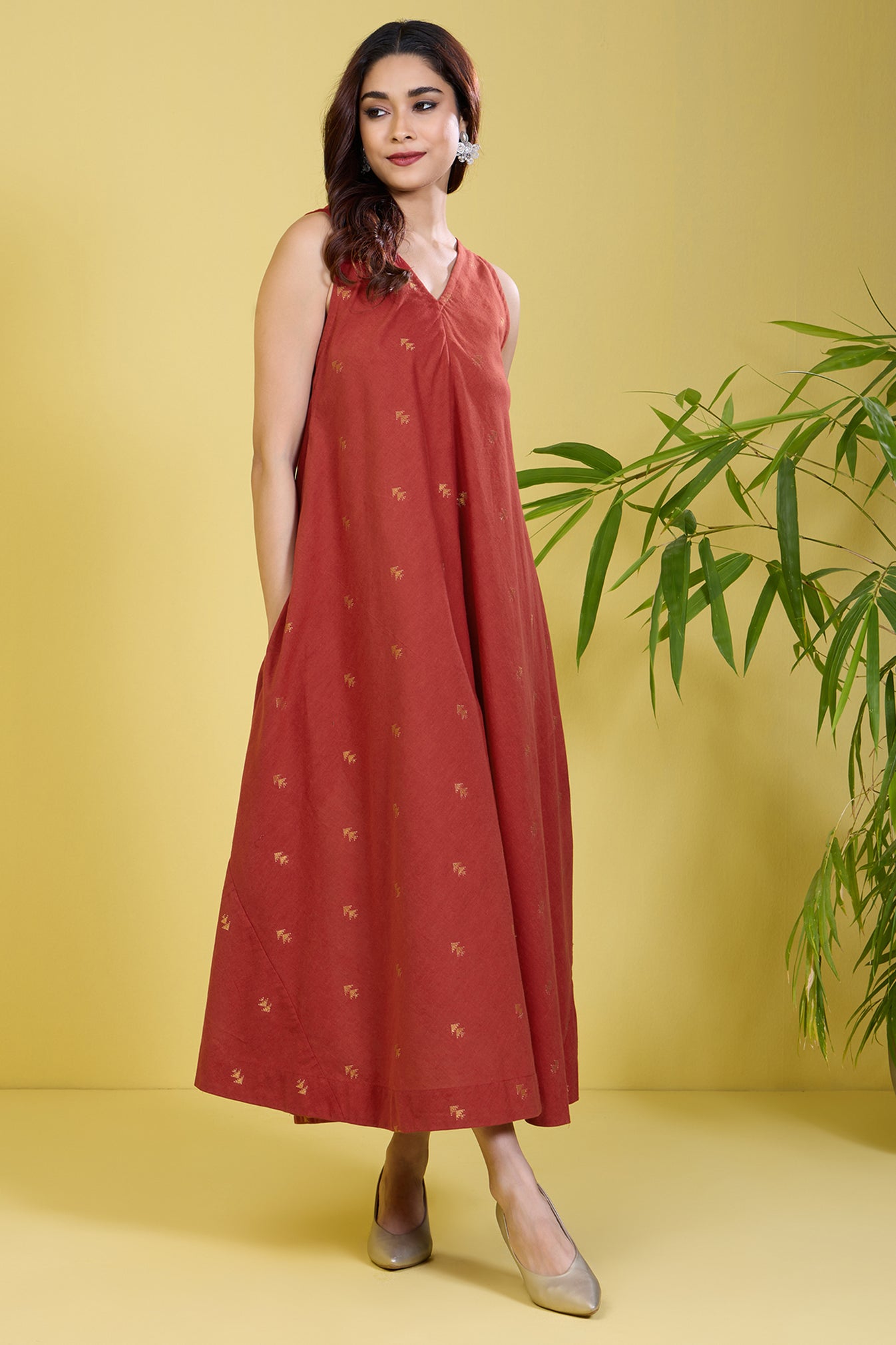 Ruby Red Handwoven Jamdani Heart Buttis Asymmetrical Dress main image 1