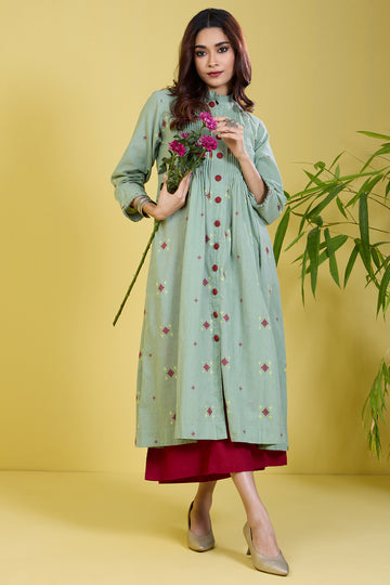 Pleated Neck Pintuck Dress Soft Sageberry