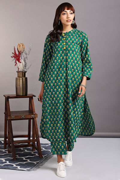 stand collar kurta with round hem - eleanor emerald & yellow coneflowers