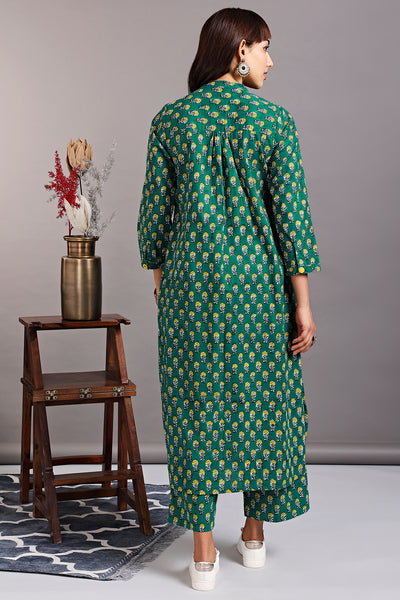 stand collar kurta with round hem - eleanor emerald & yellow coneflowers
