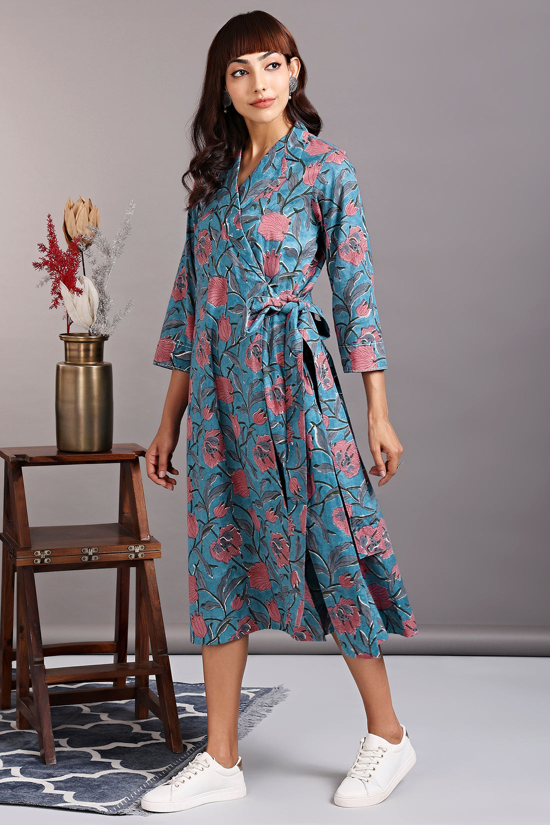 Trench belt dress - Amalfi skies & Pink mandevilla
