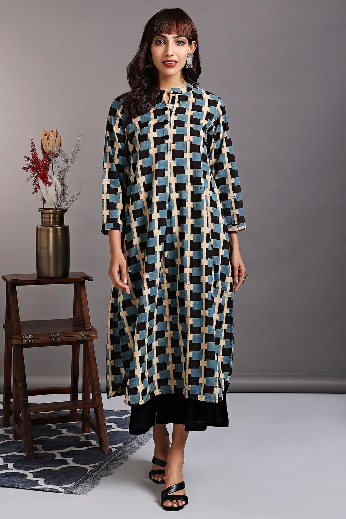 stand collar kurta with round hem - turkish blue & chequered strokes