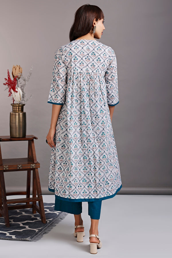 v-neck gather dress - rivulet teal & alluring mughal garden