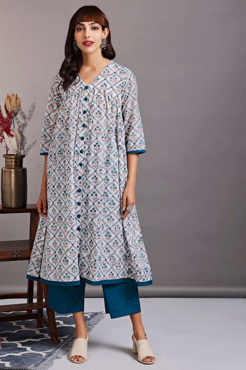 v-neck gather dress - rivulet teal & alluring mughal garden - maati crafts
