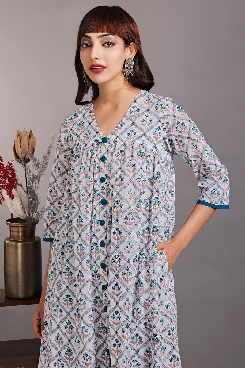 v-neck gather dress - rivulet teal & alluring mughal garden - maati crafts