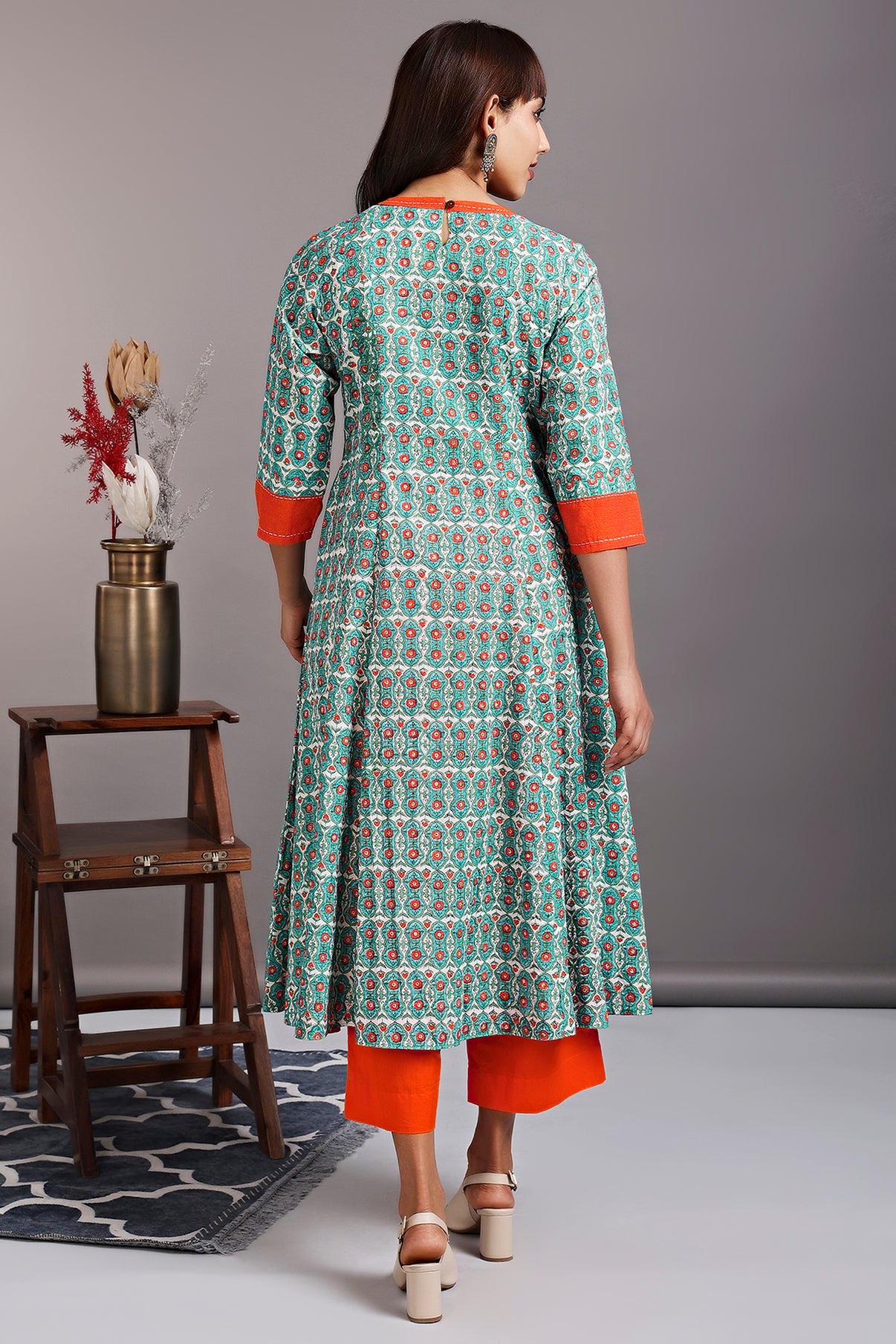v-neck kali kurta - turkish teal & sunset lotus