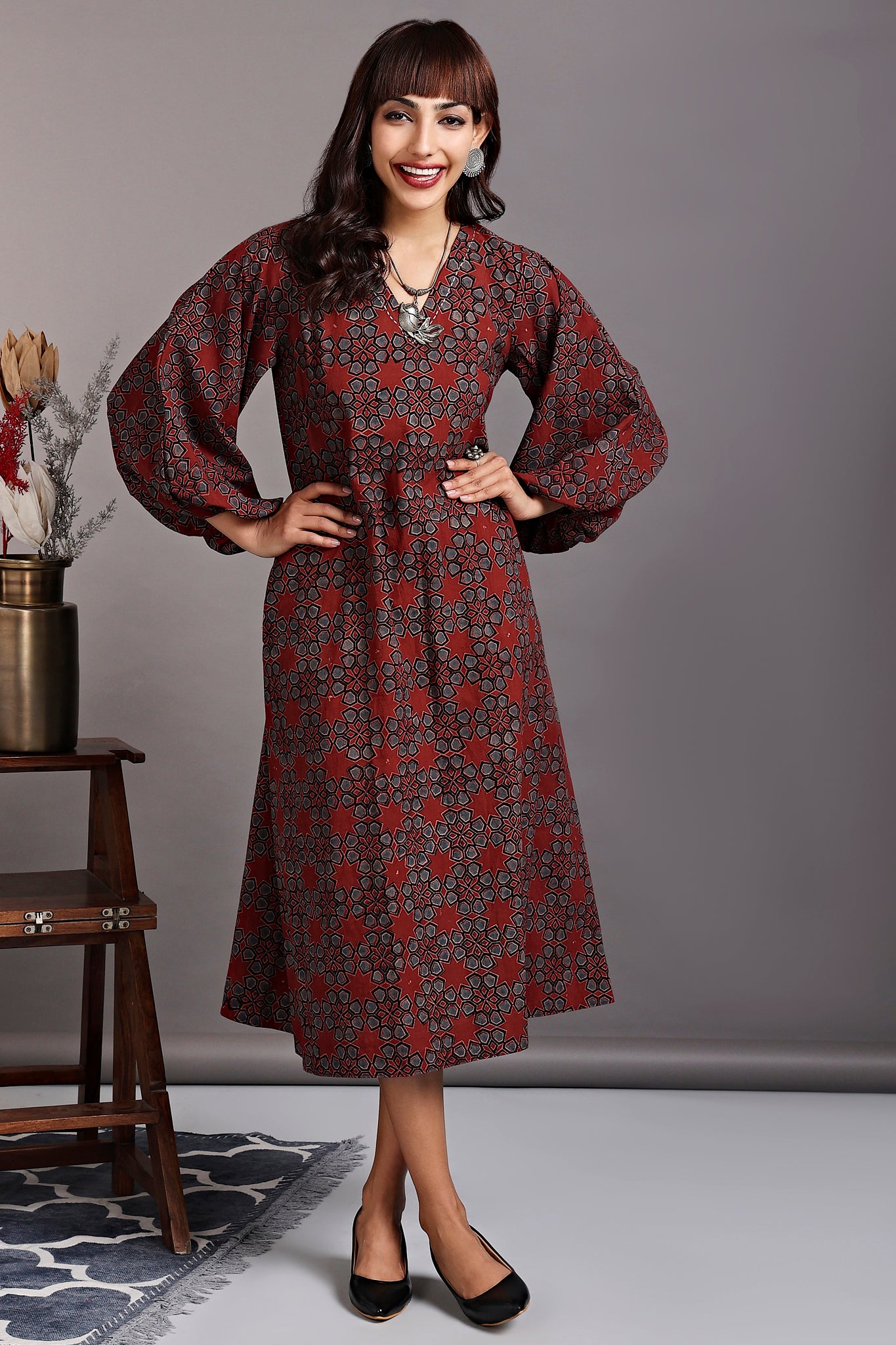 midi dress with boxy sleeves - vintage merlot & mughal jaali - maati crafts