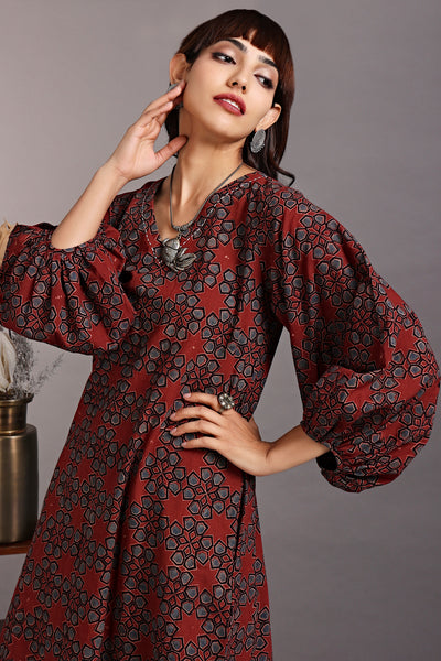 midi dress with boxy sleeves - vintage merlot & mughal jaali