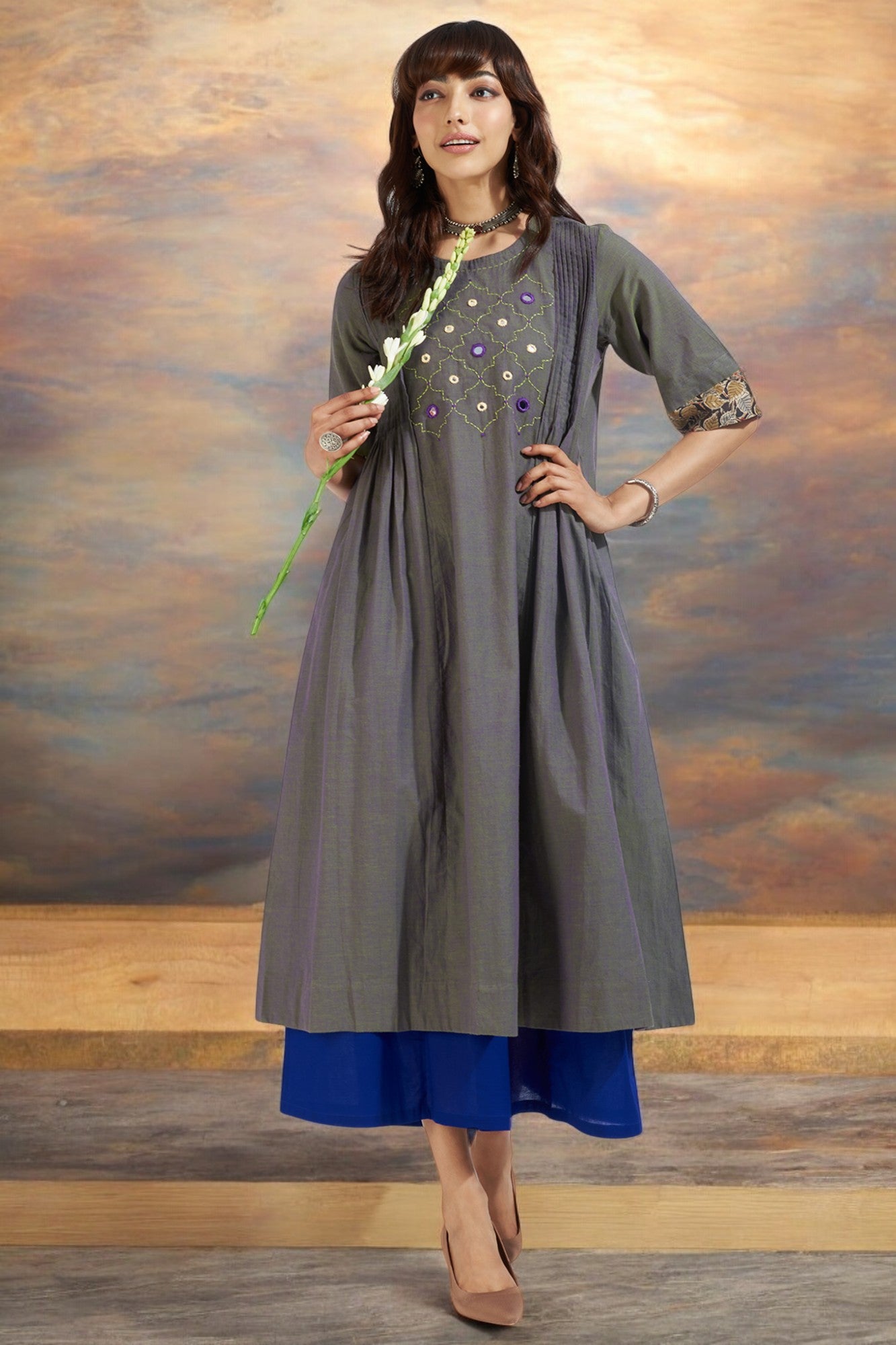 pintuck a-line kurta - luminous green & violet mirage - maati crafts