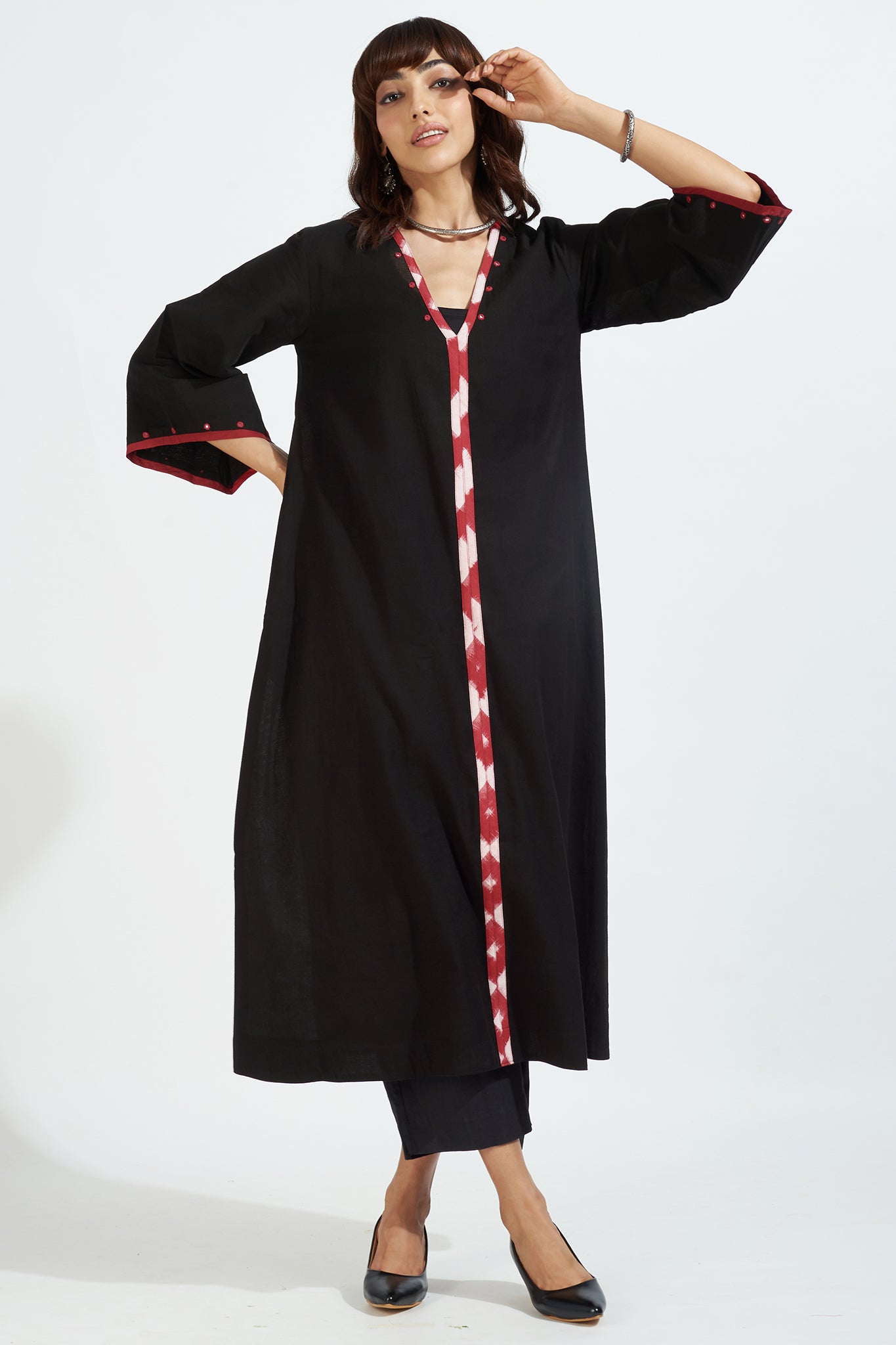 deep v-neck bell sleeves resort dress - ebony hues & fiery reflections