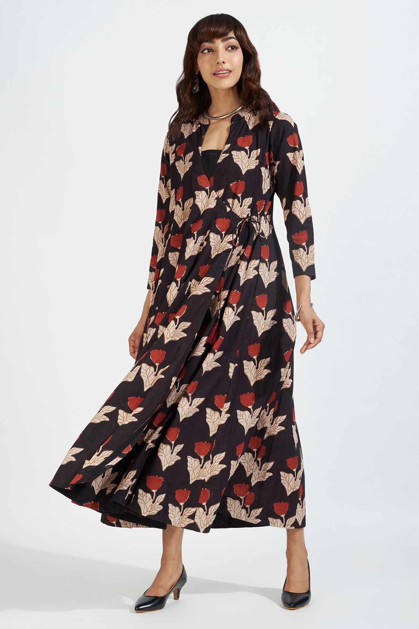 panel mughal angrakha with pockets & slip dress - whispering petals & pastel pink