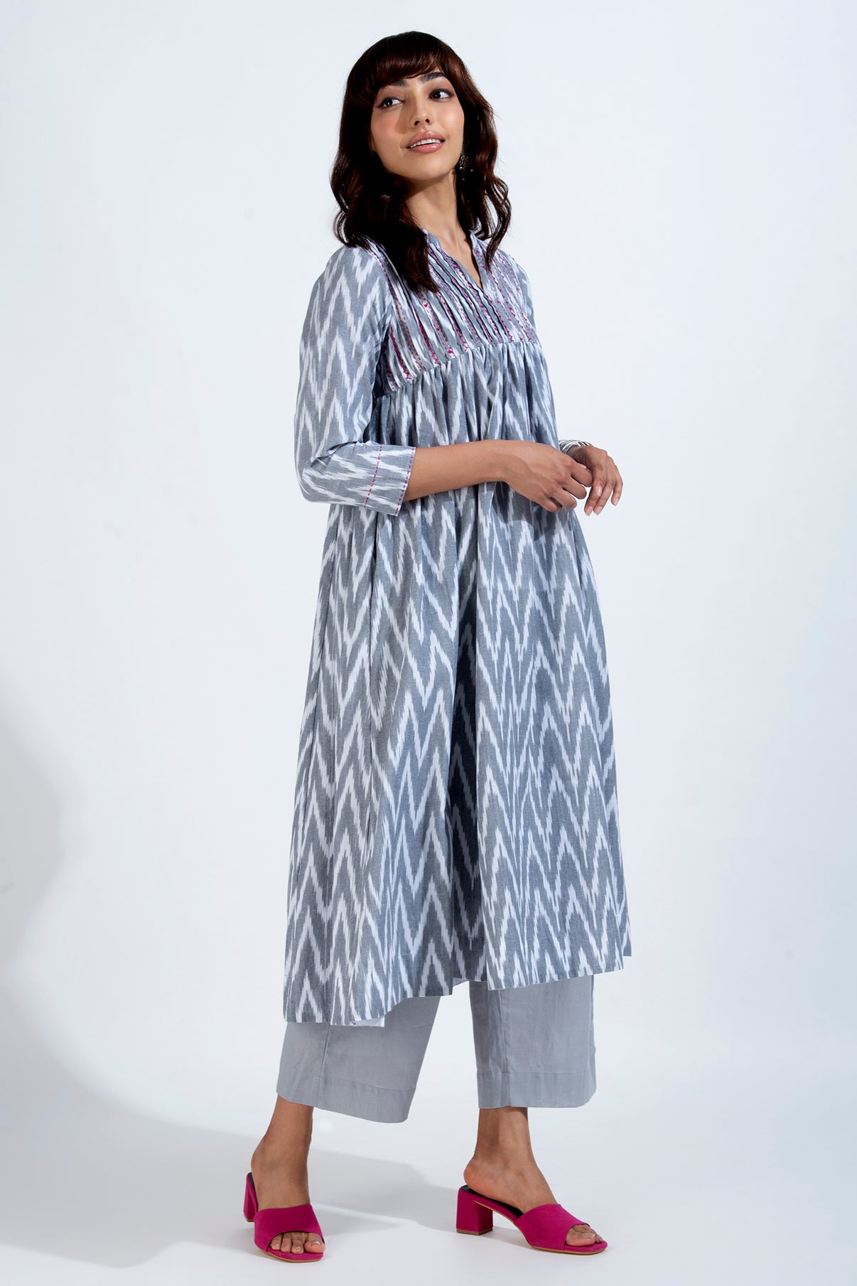 ethereal chevron ivory - luxe silk ajrakh square panel kurta