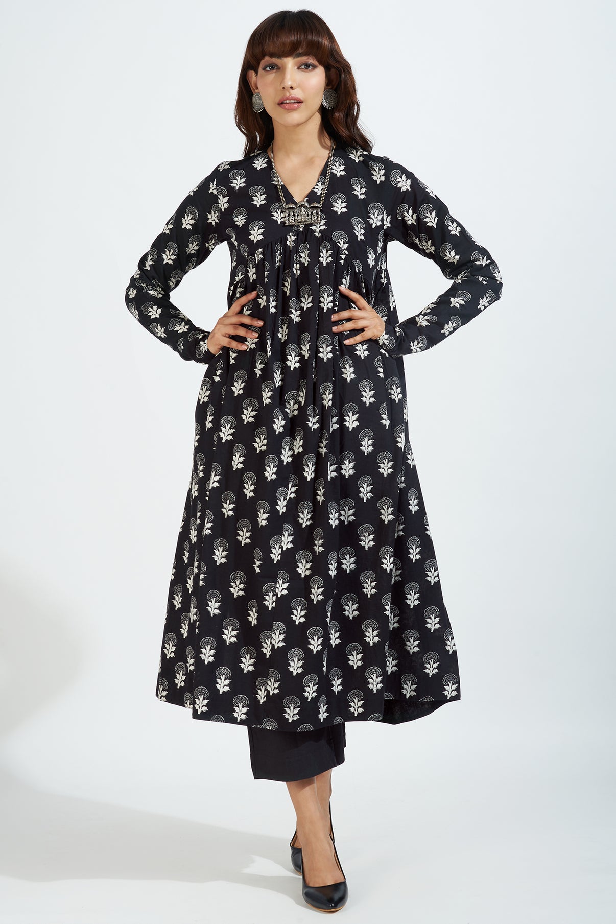 v-neck gather anarkali with chudidar sleeves -  whispering winds & indigo dreamscape