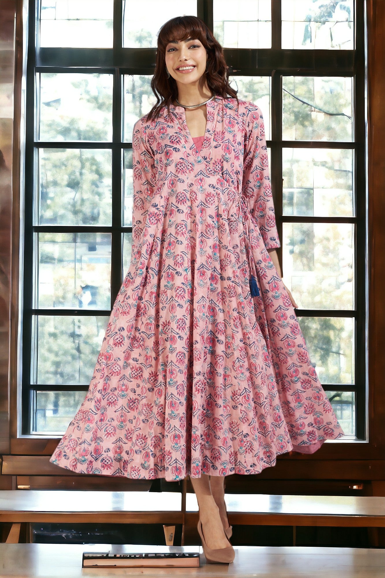 panel mughal angrakha with pockets & slip dress - whispering petals & pastel pink