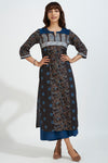 patchwork long kurta with slit - midnight dots & indigo elegance