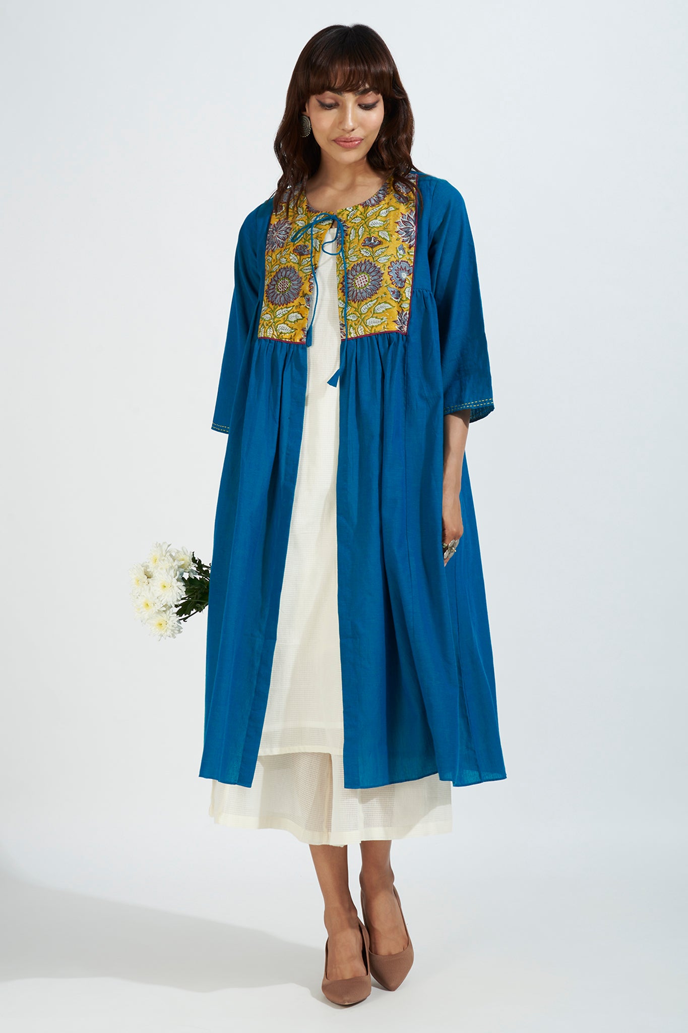 gather jacket with chanderi yoke - radiant peacock & golden bloom ...